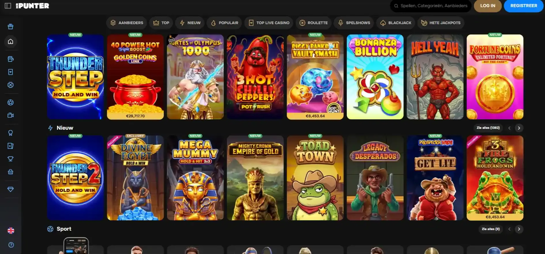 MrPunter casino lobby met spelcategorieën voor slots, live casino, jackpots en sport