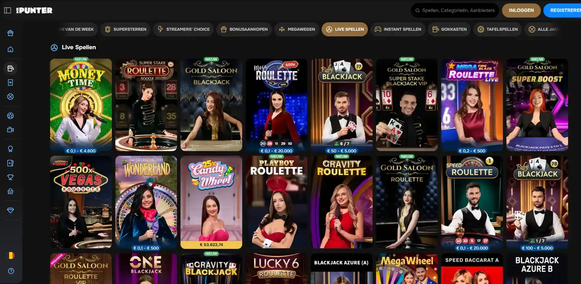 MrPunter live-casino-lobby met categorieën voor roulette, blackjack en game shows