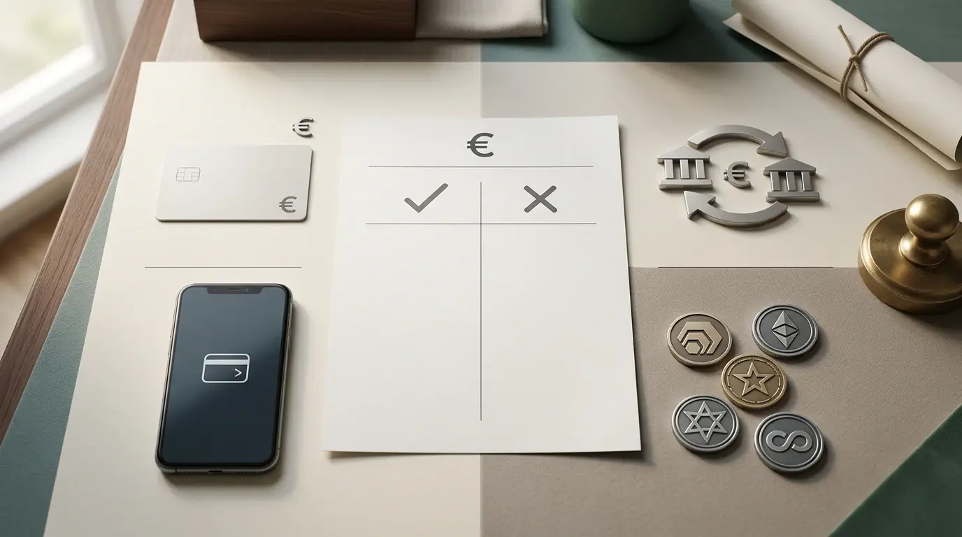 Neutrale illustratie van eurobetalingen met kaart, bank, e-wallet en crypto zonder merklogo's