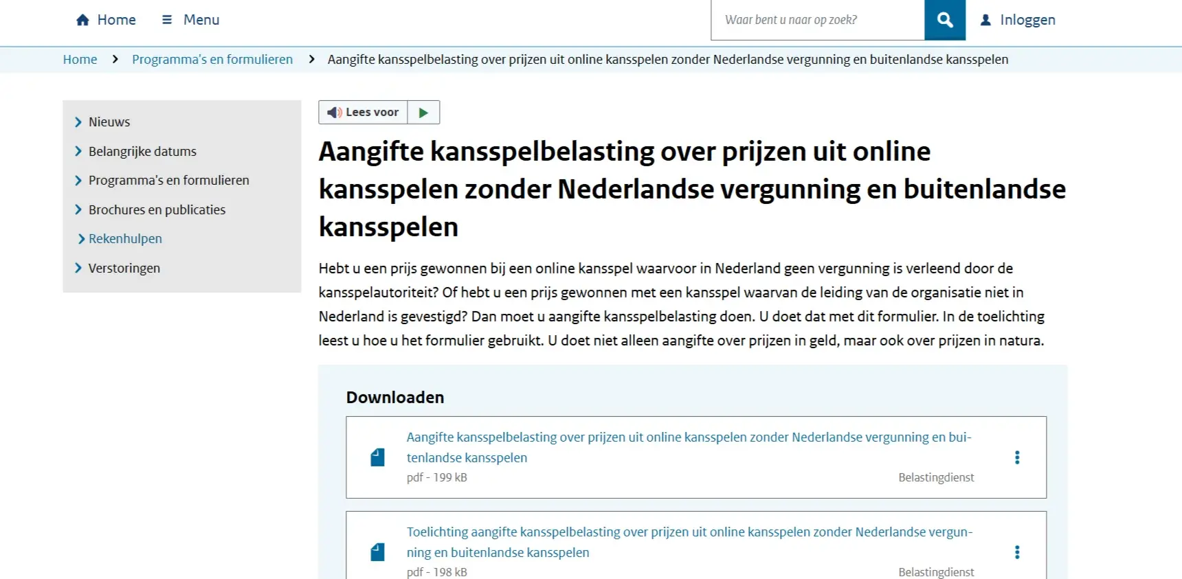 Officiële Belastingdienst-pagina over aangifte voor online kansspelen zonder Nederlandse vergunning
