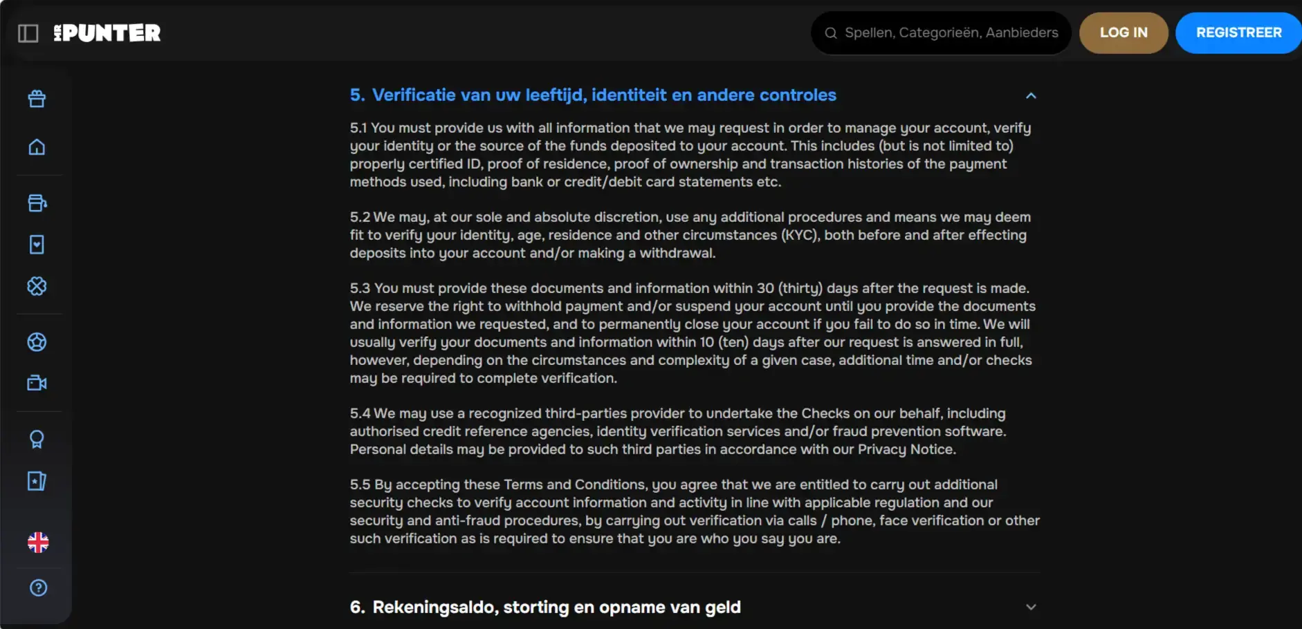 Officiële MrPunter voorwaarden met regels voor accountregistratie en KYC-verificatie